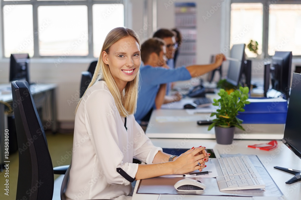 Poster lächelnde geschäftsfrau arbeitet am computer