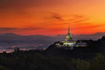 Fotobehang Landscape of sunset over pagoda at Wat Thaton,Chiang Mai,Thailand. © namning