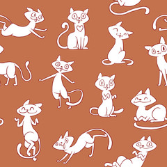 Vector image of seamless pattern of cute white cats with different actions and emotions on a brown background. Vector seamless pattern. Pet. Made in monochrome style. Positive character.