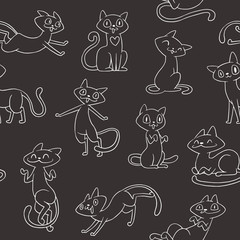 Vector image of seamless pattern of cute black cats with white stroke, with different actions and emotions on a black background. Vector seamless pattern. Made in monochrome style. Positive character.