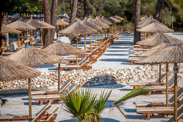 Beach with wooden umbrellas and sunbeds