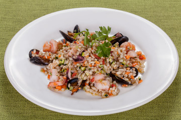 barley risotto with seafood and vegetables