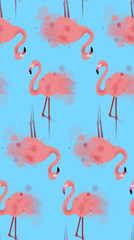 Seamless texture of pink flamingos with watercolor splashes on a blue background. Vector background for your creativity