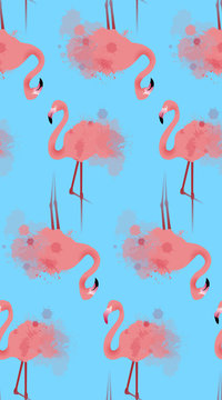 Seamless texture of pink flamingos with watercolor splashes on a blue background. Vector background for your creativity