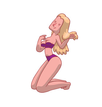 Vector cartoon image of a beautiful girl with long blonde hair in a purple bikini sitting and smiling on a white background. Beauty, fashion. Vector illustration.