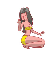 Vector cartoon image of a beautiful girl with long black hair in a yellow bikini sitting and smiling on a white background. Beauty, fashion. Vector illustration.
