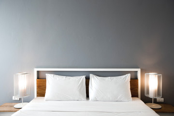 Modern bedroom design, Double bed - obrazy, fototapety, plakaty