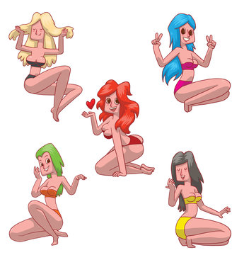 Vector set of cartoon images of five different beautiful girls with long hair in a bikini smiling in various poses on a white background. Beauty, fashion. Color image. Vector illustration.