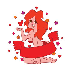 Obraz na płótnie Canvas Vector emblem with red banner, colorful flowers and with cartoon image of a beautiful girl with long ginger hair in a red bikini sitting with a red heart symbol on her hand on a white background.