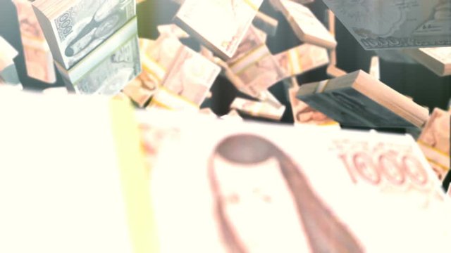 Abstract CGI motion graphics with falling mexican peso bills