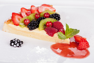 piece of cheesecake with fruit and berries