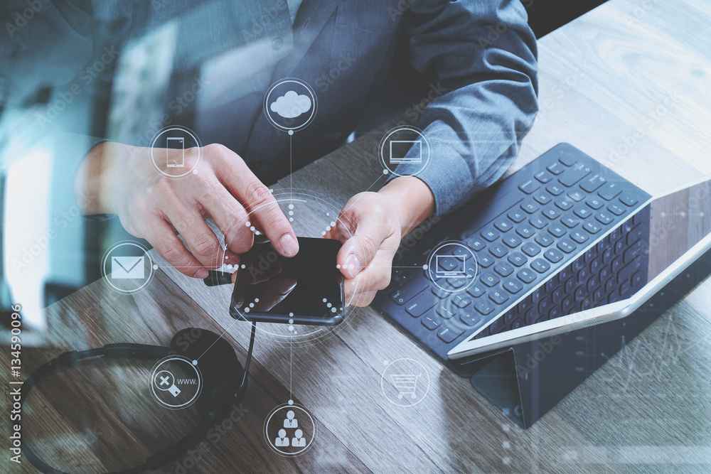 Poster top view of man hand using VOIP headset with digital tablet comp