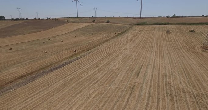 Aerial video shooting with drone on Italy wind turbine, large expanse of land that is home to a wind farm