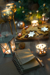Christmas cookies, candles, lantern and Christmas vintage decora