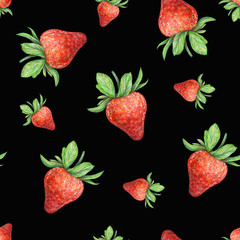 Strawberry on black background. Watercolor drawing of strawberry berries. Handwork drawn. Watercolor seamless strawberry pattern for fabric design