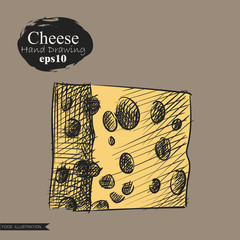 Graphic hand drawn cheese isolated on beige background. Cheese elements sketch vector illustrator. Retro style