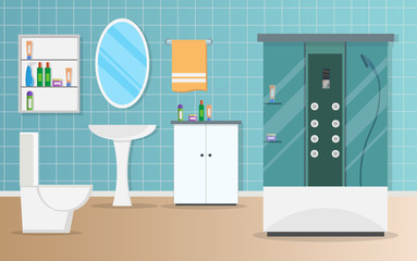 Bathroom interior vector illustration modern flat background banner set.