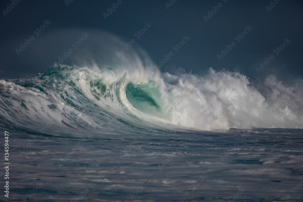 Wall mural huge waves crashing in ocean. seascape environment background. water texture with foam and splashes.
