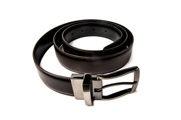 stylish men's brown leather belt with nickel buckle on a white background