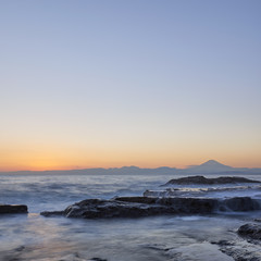 Fototapeta premium View of Mount Fuji and silky water after sunset from Enoshima, Kanagawa Prefecture, Japan