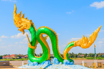 Amazing Naga Sculpture at Mekong Riverside nearby Walking Street in Nongkhai, Thailand. Naga is a very great snake, specifically the king cobra, found in the Indian religions of Hinduism and Buddhism.