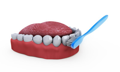 Teeth brace with toothbrush 3d render projections denture cartoo