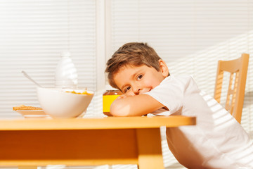 Cute little boy during breakfast in the kitchen