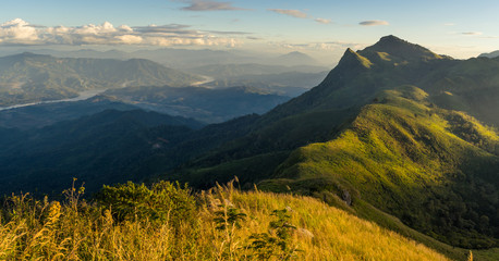 Panoramic view of Pha Tang at beautiful sunset, mountains range in Chiang Rai province, Thailand, Asia