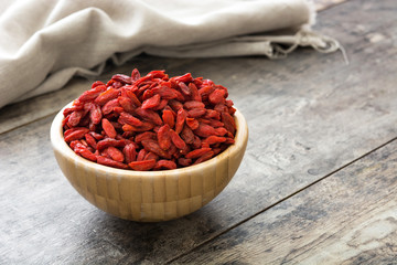 Wolfberries or Goji berries in bowl on wooden table
