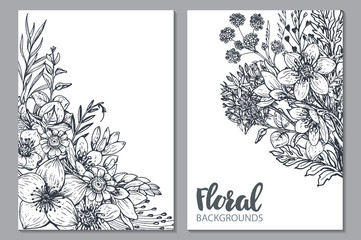 Floral backgrounds with hand drawn flowers and plants