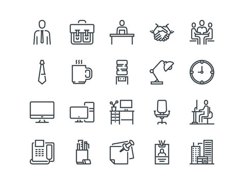 Office. Set of outline vector icons. Includes such as Business Meeting, Workplace, Building, Stationery and other.