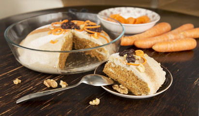 Slice of raw vegan carrot cake. Healthy food, dessert. Old vinta