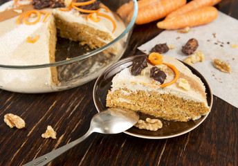 Slice of raw vegan carrot cake. Healthy food, dessert. Old vinta