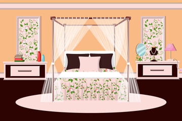The interior of the bedroom . Room for girls . Vector illustration.