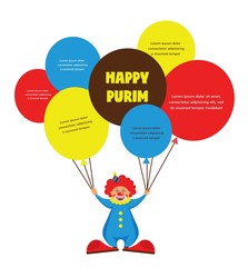 happy Purim, Jewish holiday. vector illustration of a  clown holding baloons