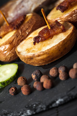 potato wedges, peas pepper and leg of lamb 