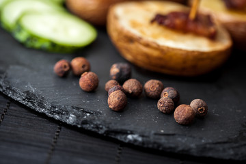 potato wedges, peas pepper and leg of lamb 
