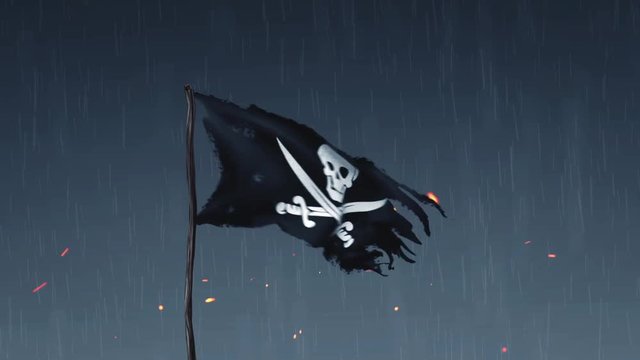 Animation of a pirate flag amid thunderstorms