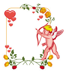 Cupid with bow hunting for hearts. Raster clip art.