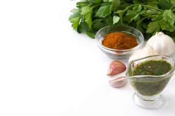 Green Chimichurri Sauce and ingredients isolated on white background
