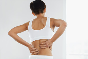 Pain. Beautiful Female Having Painful Feeling In Back, Backache