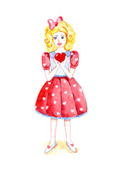 Girl with yellow hair in a dress holding a heart. Illustration o