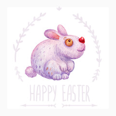 Cute Watercolor illustration of rabbit isolated on the white background. Title Happy Easter . Perfectly suitable for the design of a child room