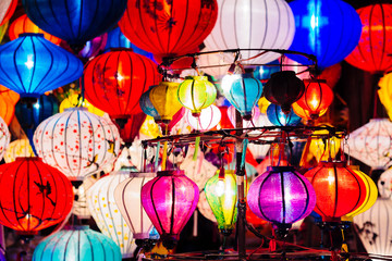 Colorful lanterns spread light on the old street of Hoi An Ancient Town - UNESCO World Heritage...