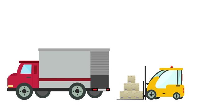 Cartoon animation of a forklift Loader load boxes into a truck over white background with space for your text or logo seamless loop. delivery service concept full hd and 4k.