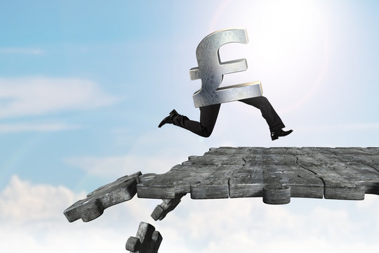 Pound symbol with human legs running on breaking puzzle ground