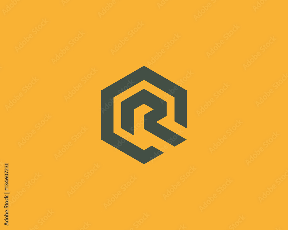 Poster abstract letter r vector logotype. line hexagon creative simple logo design template. universal geom
