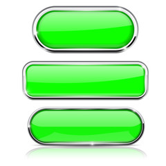 Green buttons set. Collection of web 3d shiny icons with chrome frame