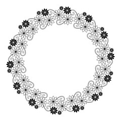 Elegant round frame with contours of flowers.  Vector clip art