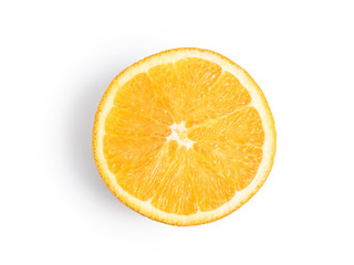 Ripe, fresh orange slice isolated on white background. Perfectly retouched with clear details. Full depth of field. Fruit photographed in Studio on white background